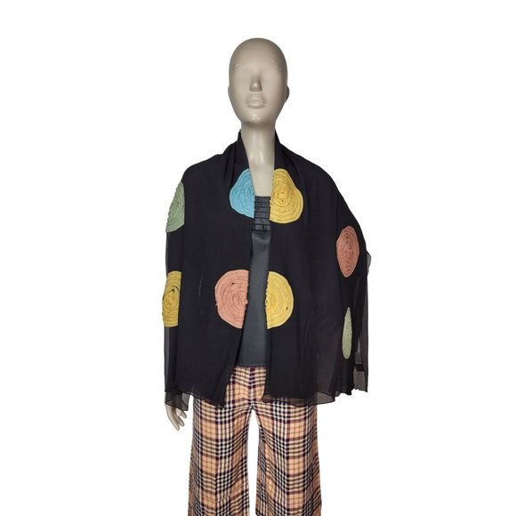 100% Silk Black Spiral Circle Pattern Rectangle Scarf Shawl Wrap 65"x41" - Picture 3 of 9